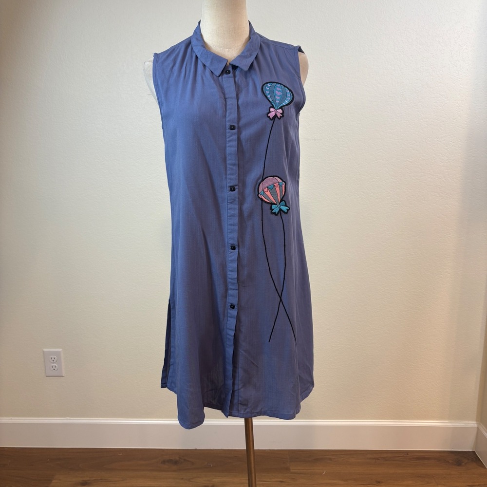 Neeru Kumar Tunic Shirt Dress Womens M Blue Hot Air Balloon Embroidered